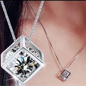 Elegant Square Cubic Zirconia Pendant Necklace -NIP